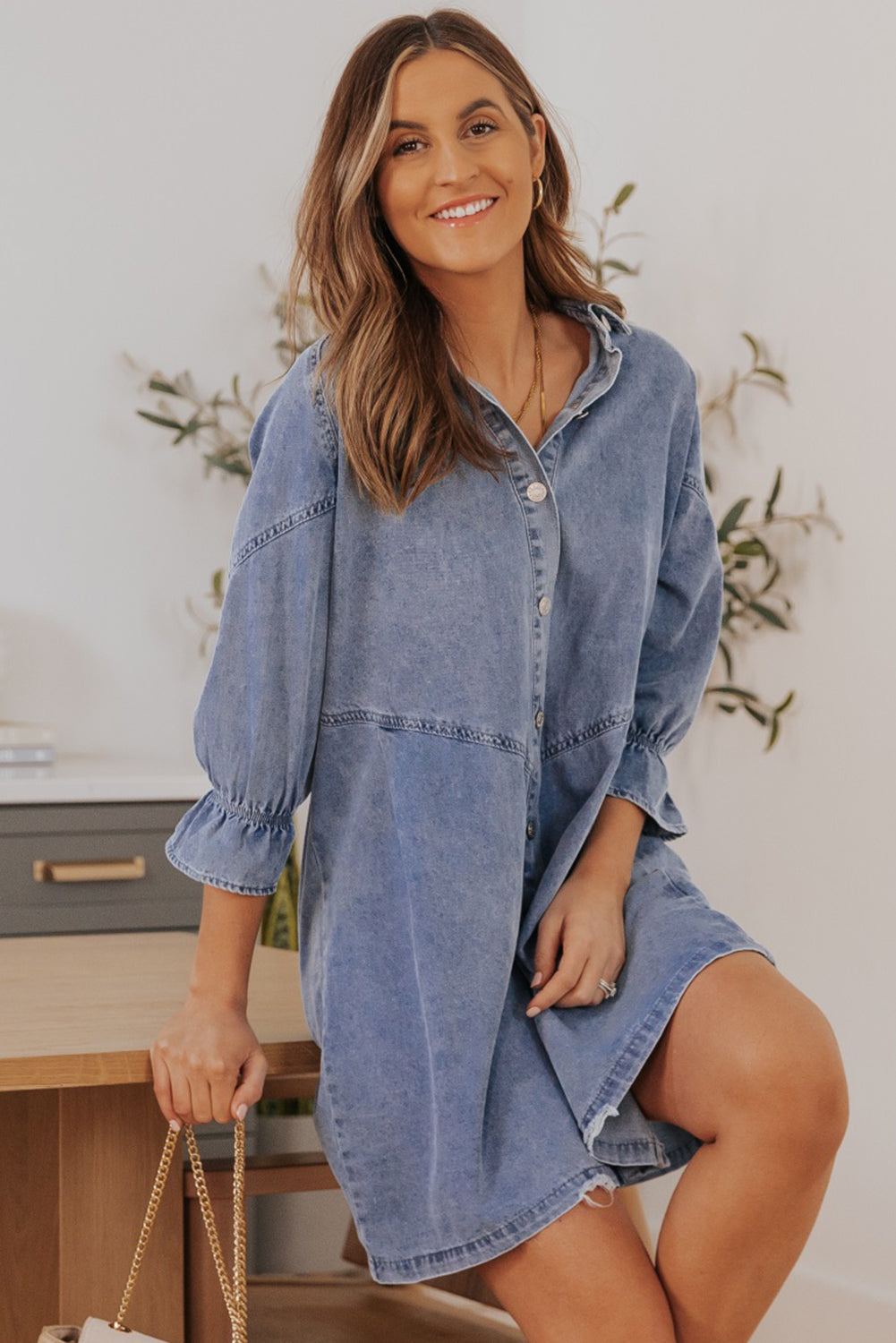 Collared Neck Flounce Sleeve Denim Mini Dress